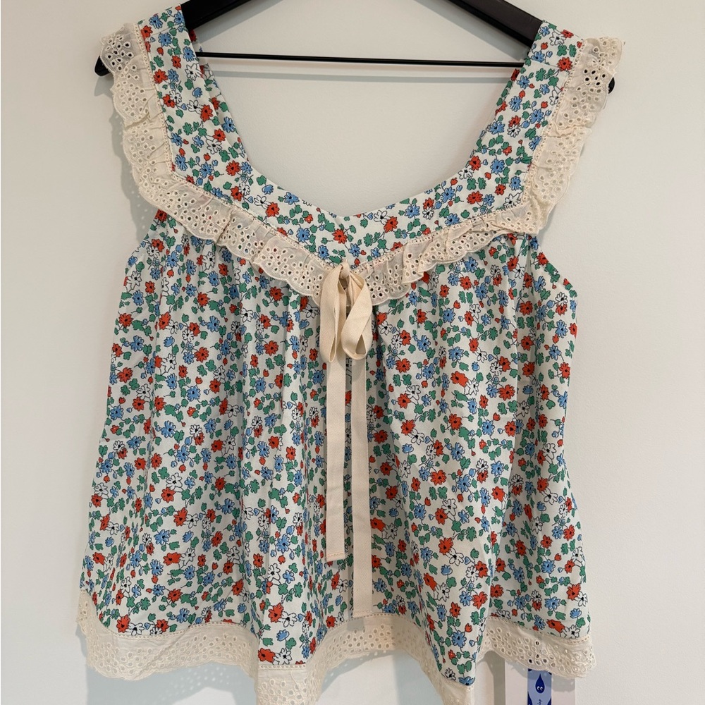 Cider Blue and Red Ruffled Tie Front Blouse Lace size Large